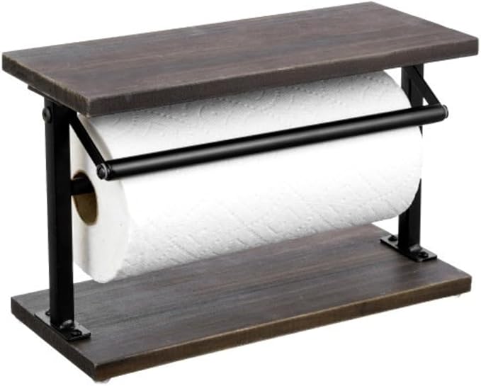 MyGift Kitchen Countertop Paper Towel Holder and Condiment Display Shelf Rack, Rustic Burnt Wood and Metal Towel Dispenser with Top Shelf for Bathroom or Kitchen