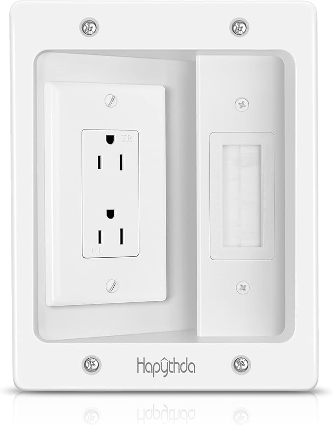 Recessed Outlet Box for Wall Mount TV, Behind TV Outlet Box with Dual Power Receptacle, in Wall Cable Management Kit, TV Cord Hider for Home Office, White