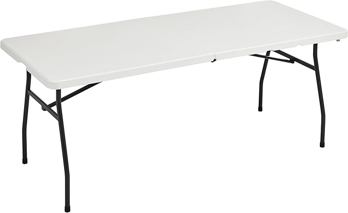 Amazon Basics Heavy Duty Portable Folding Table, 6 ft, Indoor & Outdoor, Fold-in-Half Design with Carrying Handle, White | Portable