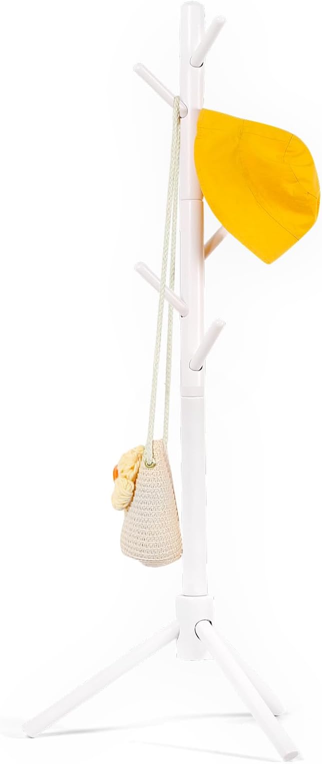 Beech Wood Kids Coat Rack - Adjustable Height Stand with 9 Hooks, Freestanding Children's Clothing Organizer for Hallway, Bedroom, Easy Assembly, White