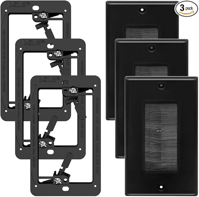 VCE Brush Wall Plate with Low Voltage Box, Decorator Wall Cover with Low Voltage Mounting Bracket for Wall-Mount TV, 3-Pack (Black+Black)