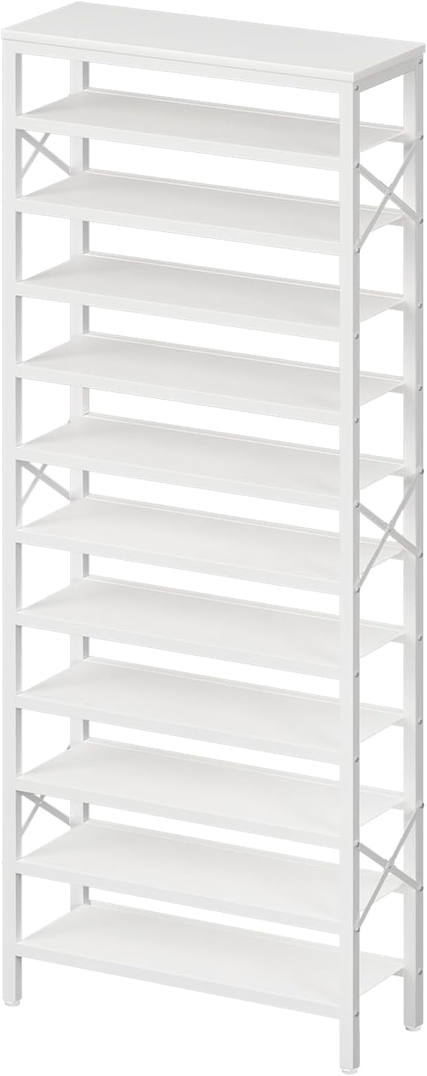 YATINEY 12-Tier Tall Shoe Rack Organizer, Wooden Shoe Storage for Closet Holds 48 Pairs, Sturdy Shoe Shelf with X-Shaped Metal Support, for Entryway, Bedroom, White SS212WW