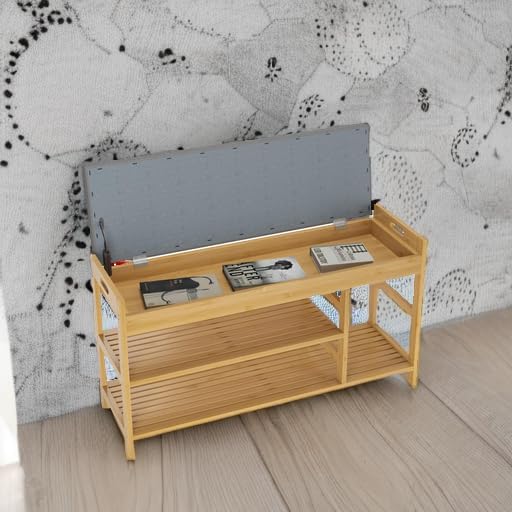 HIFIT 2-Tier Entryway Shoe Rack Bench with Storage, 36 in Bamboo Storage Bench with Padded Seat, Shoe Oiganizer Shelf for Entryway Mudroom Bathroom Hallway, Natural