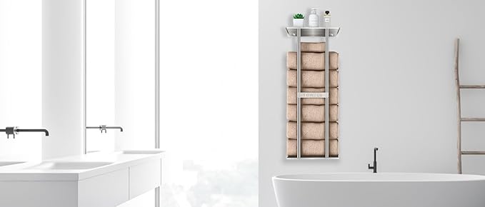STWWO Bathroom Towel Storage for Bathroom, Wall Towel Rack for Rolled Towels, 30 inch Towel Holder Wall Mounted with Metal Shelf Can Holds 6 Large Towels, Brushed Nickel