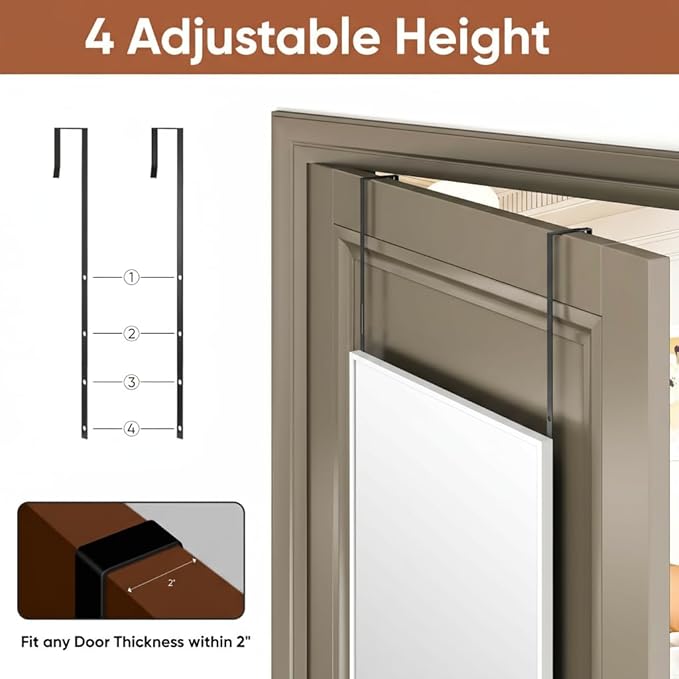 Antok 48''x 14'' Full Length Mirror Over Door, 4-in-1 Standing Leaning Wall Mounted, Adjustable Hanging Mirror for Bedroom Living Room, White, Rect Corner