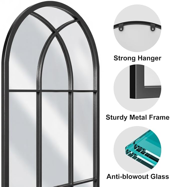 OGCAU Arched Full Length Mirror, 65"x22" Window Mirror, Floor Length Hanging or Leaning, Full Body with Iron Frame Window Pane for Bedroom Living Room (Black)
