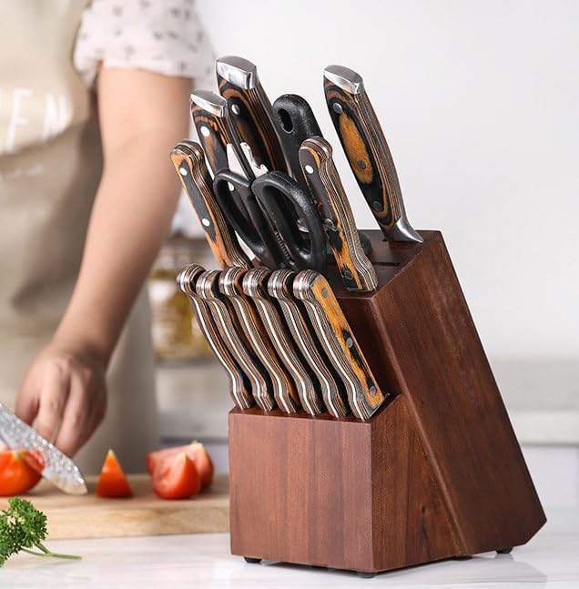 Teak Wood Knife Block Organizer, 14-Slot Kitchen Counter Storage Holder, Universal Design (Brown)
