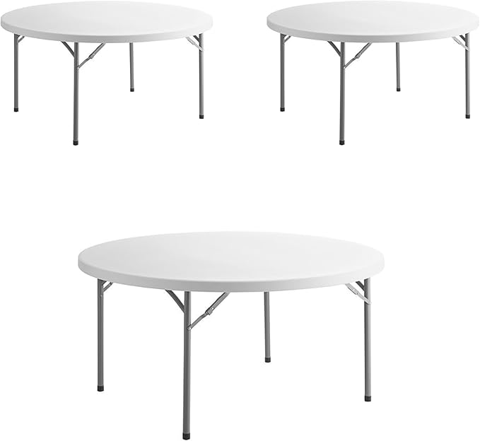 PRO&Family Commercial Round Folding Table, White Top, Powder-Coated Steel Frame, High-Impact Polyethylene Construction, Perfect for Wedding, Party, Shool, Church. (3, 60")