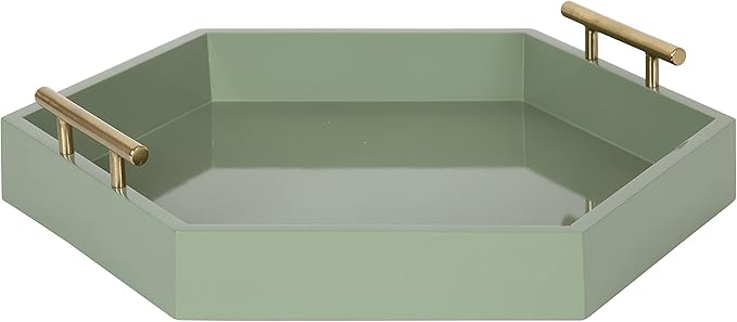 Kate and Laurel Lipton Modern Hexagon Tray; 18 x 18; Sage Green with Gold Handles; Midcentury Decorative Serving Tray for Storage and Display in Living Room Decor Scheme