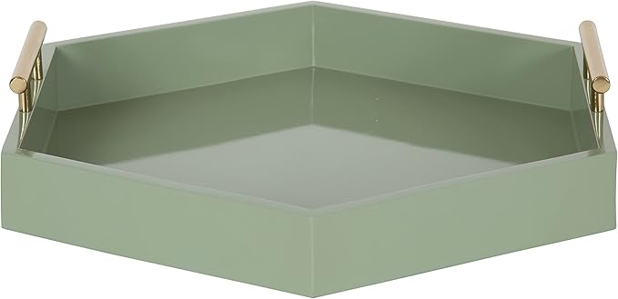 Kate and Laurel Lipton Modern Hexagon Tray; 18 x 18; Sage Green with Gold Handles; Midcentury Decorative Serving Tray for Storage and Display in Living Room Decor Scheme