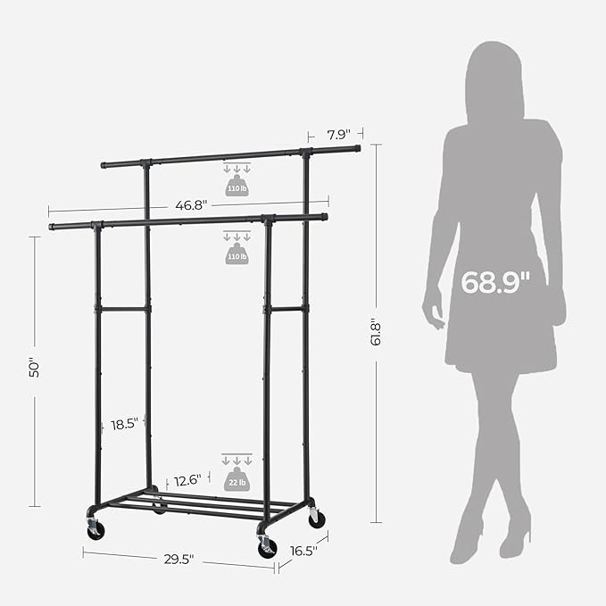 FOUCSSOMEI Heavy Duty Clothes Rack, Rolling Clothing Rack, Garment Rack with Wheels, Double Rod, Max 400Lbs, Black