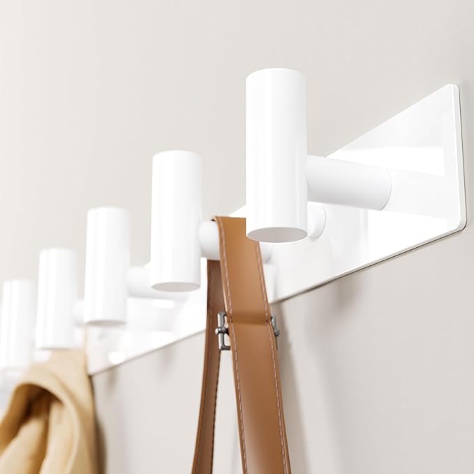 GWAAZXGZ White Wall Mounted Coat Rack – 5 T-Shaped Pegs for Hats, Bags & Towels, Heavy-Duty Metal Rail for Entryway, Bathroom, Closet, Bedroom (1 Pack)