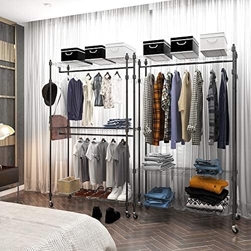 BATHWA Heavy Duty Clothing Racks,47.3"W x 17.7"D x 74.8"H Wide Hanging Space 3 Adjustable Shelving Garment Rack on Wheels Portable Wardrobe for Dress Coat Clothes Organizer Sturdy Metal Construction
