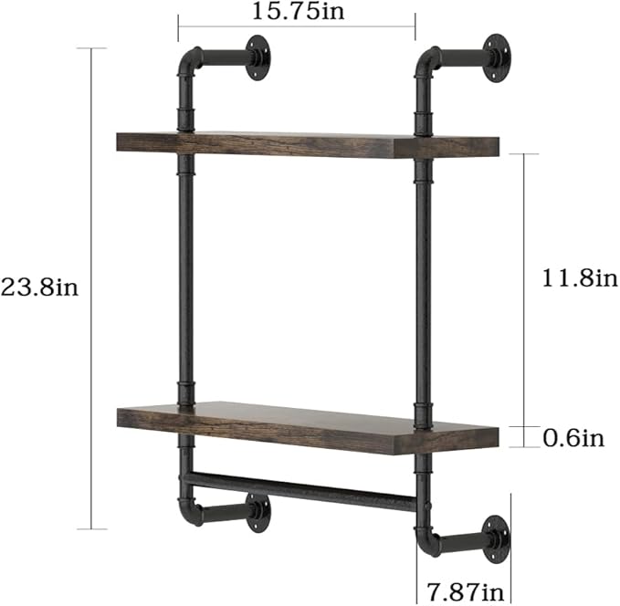 Helsin 2 Tier Industrial Pipe Floating Bathroom Shelves Wall Mounted with Towel Bar, Rustic Wood Wall Shelf, 16 Inch Metal Towel Rack Storage Bookshelf for Bathroom, Kitchen, Farmhouse, Living Room
