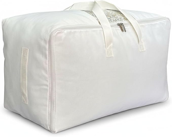 DoYiKe Soft Large Canvas Comforter Storage Bags with Four Carrying Handles and Clear Window, Closet Organizer for Clothing, Blankets Sheets Pillows and Bedding, 80L, White