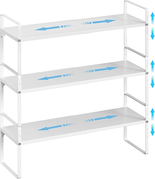 15.5 to 25.5 Inch Kitchen Cabinet Shelf Organizers, Adjustable Kitchen Counter Shelf Organizer, Set of 3 Expandable Countertop Storage Shelves, Stackable Design, 30LBS Heavy Duty, Space Saver