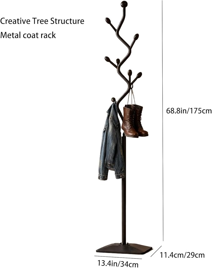 Coat Rack Freestanding Metal Coat Tree with 8 Hooks, Creative Design Tree Branch-look, Standing Coat Rack Coat Hanger Stand with Stury cast iron Base for Entryway, Hallway, Bedroom (black)