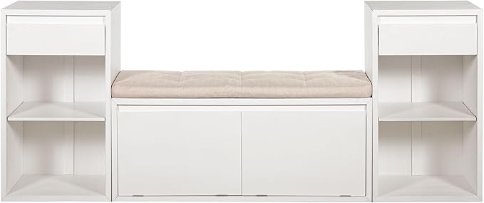 Merax All-in-One Shoe Storage Bench with Cushion & Flip Compartments, Entryway Bench with Drawers and Open Shelves, Solid Wood Storage Bench for Mudroom Hallway Living Room, White