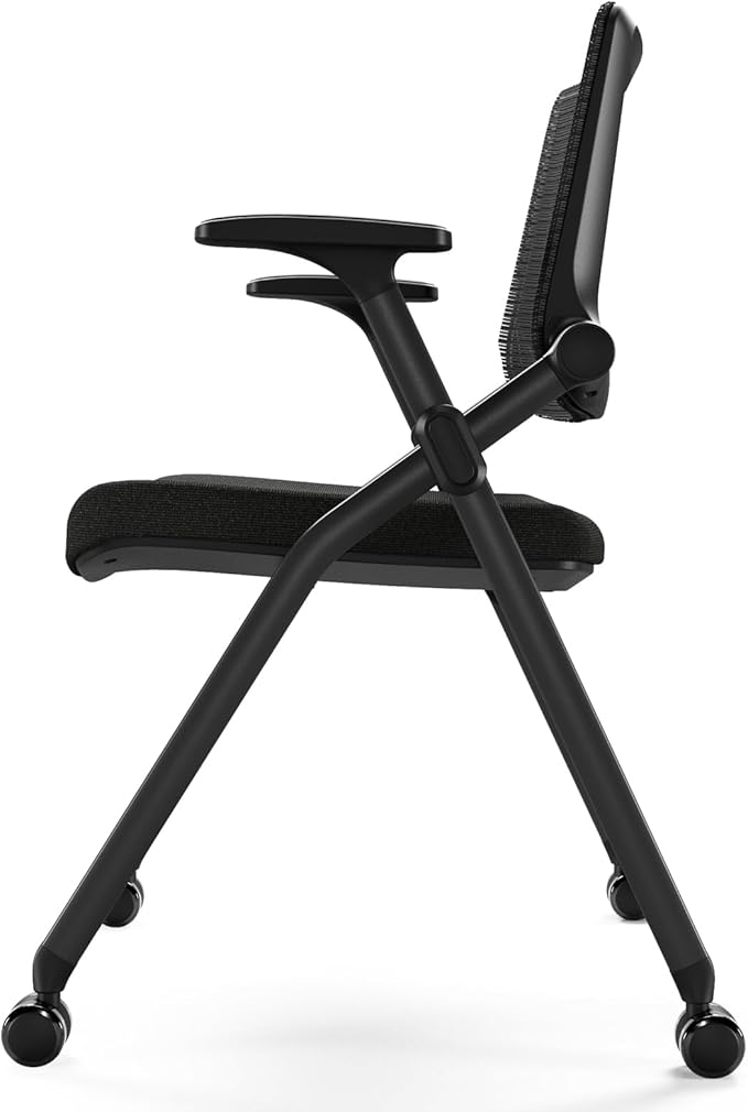 Foldable Office Chair Set of 2 with PU Wheels Ergonomic Mesh Bouncing Back, Stackable Conference Room Chair, Office Guest & Reception & Meeting Chair (Black)