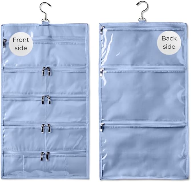 On-The-Go Organizer, 14 Clear Vinyl Pockets, Hanging Travel Case for Makeup and Accessories, 13.5 x 24 inches (Hydrangea Blue, Large)