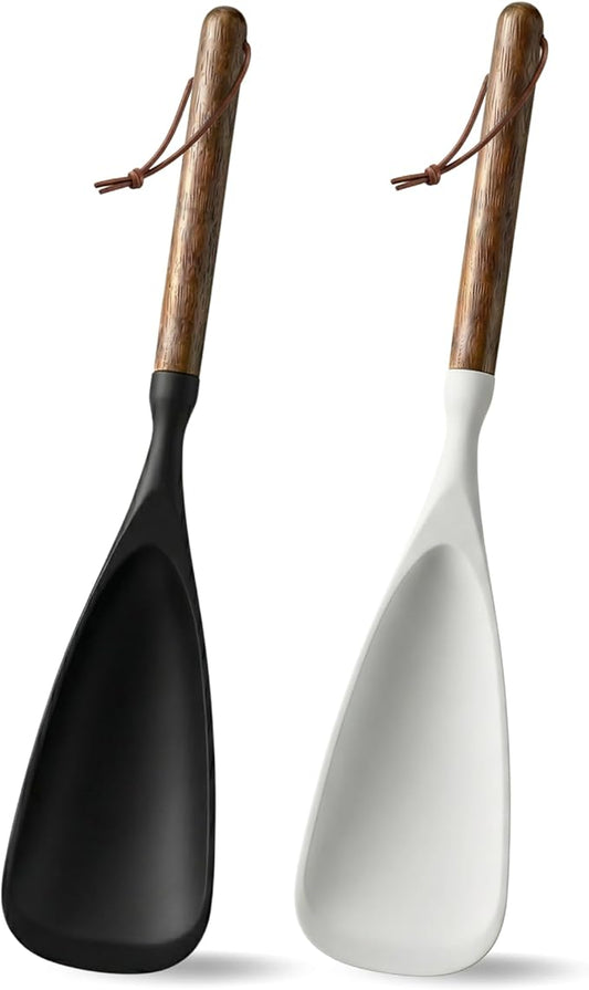 2-Pack Silicone Spoonula with Wooden Handle, BPA-Free Spatula Spoon for Nonstick Cookware, Heat Resistant Cooking Spoon for Mixing, Scraping, Scooping and Serving(Black&White)