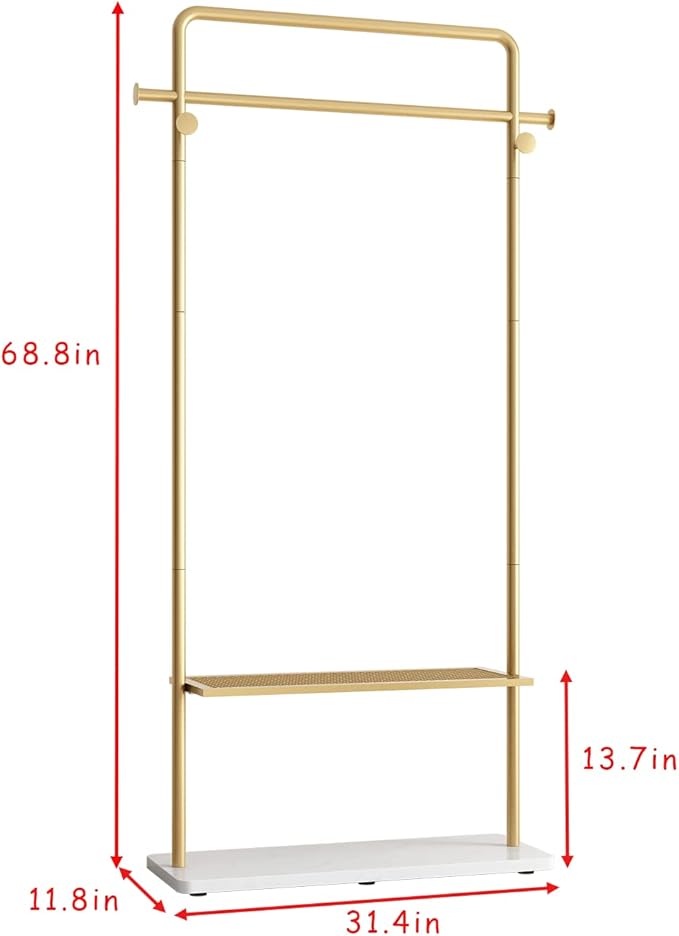 TIEOU Gold Coat Racks with Shelf, Heavy Duty Gold Clothing Racks for Boutiques, Free-Standing Metal Garment Rack for Hanging Clothes, Modern Clothes Rack Entryway(2 tier)