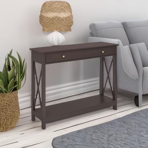 Treocho Espresso Console Table with Drawer and Storage Shelves, Foyer Sofa Table Narrow for Entryway, Living Room, Hallway