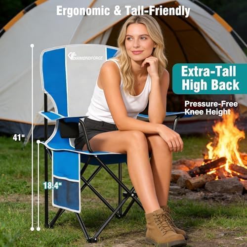 Camping Chairs, 300 LBS Capacity High Back Camping Chair, Portable Outdoor Lawn Chairs Folding with Cup Holder for Picnic, Lawn, Beach, Fishing and Sports (Blue Grey)
