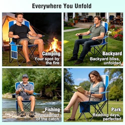 Camping Chairs, 300 LBS Capacity High Back Camping Chair, Portable Outdoor Lawn Chairs Folding with Cup Holder for Picnic, Lawn, Beach, Fishing and Sports (Blue Grey)