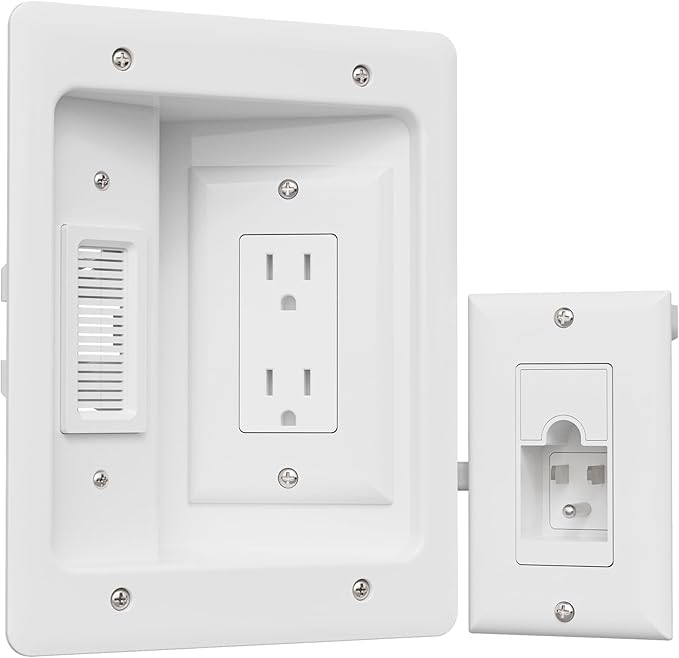 TV Cord Hider for Wall Mounted TV, in-Wall Cable Management Kit, Outlet Box– Dual Outlet Cord Hider with Power & Low Voltage Support, Includes Drywall Saw, Template & Extension Cable