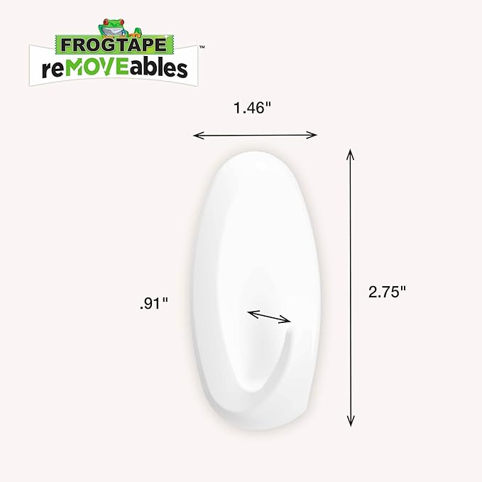 FrogTape reMOVEables Heavy Duty Wall Hooks - 8 Hooks and 12 Strips - Holds up to 3 lbs - No Damage - Easy to Remove & Reuse - Medium Wall Hook with Adhesive Strips - White (Pack of 8)