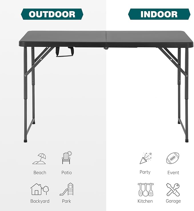 FDW 4 Foot Outdoor Dining Table, Foldable Portable Rectangular Plastic Folding Table with Built in Carrying Handle and Height Adjustable for Party and Wedding Use, Black