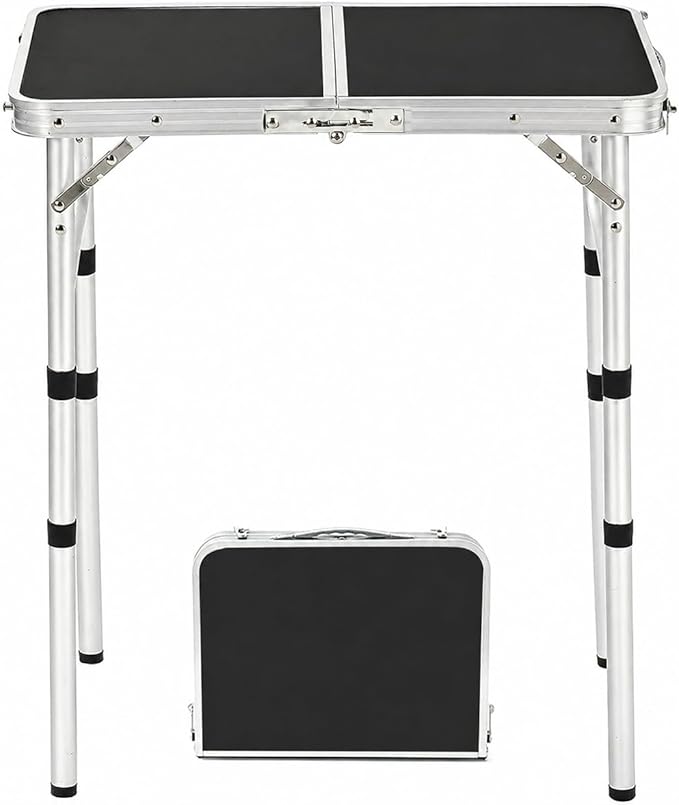 YUFIFAIRY Small Folding Table Portable, 24''L x16''W Foldable Camp Table with 3 Adjustable Height, Indoor Outdoor Lightweight Aluminum for Outdoor Cooking Picnic Black Table(10"/19"/27.5"