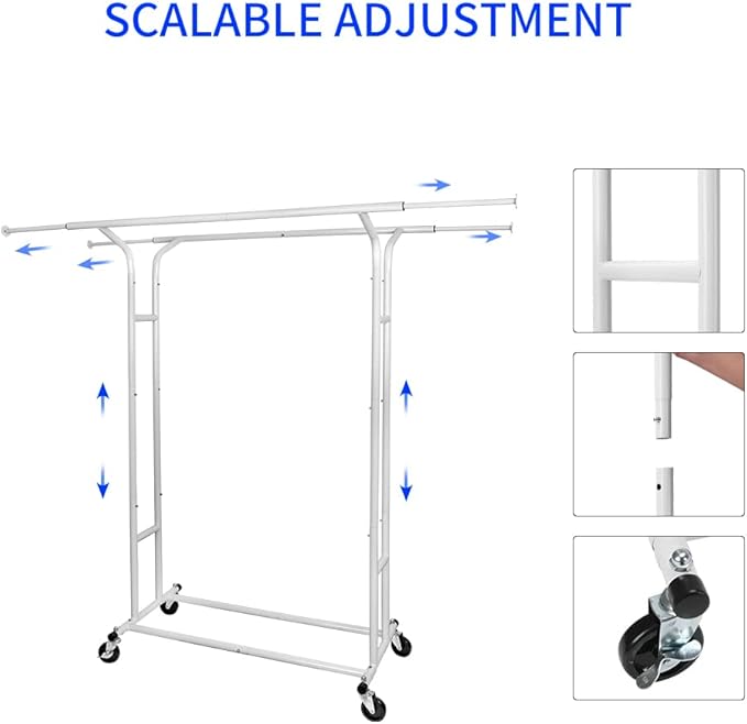 Fishat White Double Rod Garment Clothes Rack for Hanging Clothes, Rolling Organizer on Commercial Metal with Lockable Wheels Mobile Design for Coats Dresses