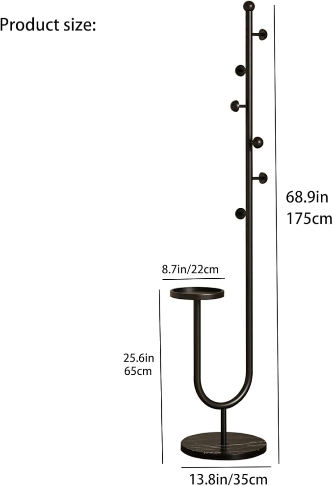 Coat Rack,Metal Free Standing Coat Stand with marble base, Hall Coat Tree with 6 Hooks and Storage Tray,68.9 Inch Tall, for Coats, Hats, Bags, for Entryway, Hallway, Bedroom