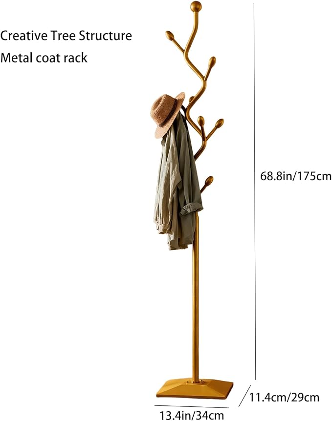 Coat Rack Freestanding gold Coat Tree with 8 Hooks, Creative Design Tree Branch-look, Standing Coat Rack Coat Hanger Stand with Stury cast iron Base for Entryway, Hallway, Bedroom (gold)