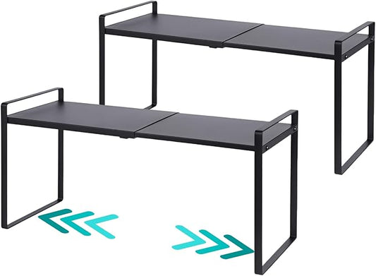 2 Pack Expandable Cabinet Shelf Organizer Riser for Kitchen Pantry Cupboard Under Sink Countertop (2 pack 8.2’’D * 12.2-21.6’’W * 10.4’’H) (Black)