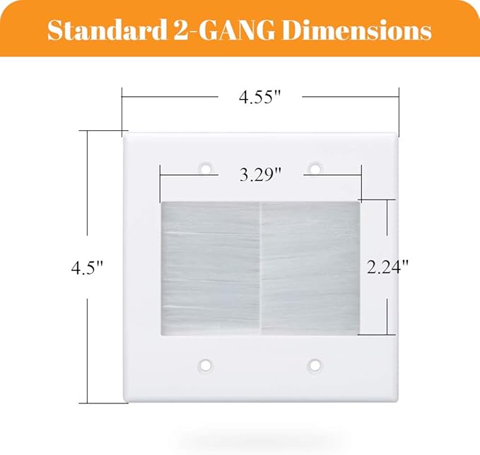 2 Gang Brush Wall Plate White, Double Gang Cable Management Kit for Power Cords and Low Voltage Cables in-Wall Pass Through (Pack of 4)…