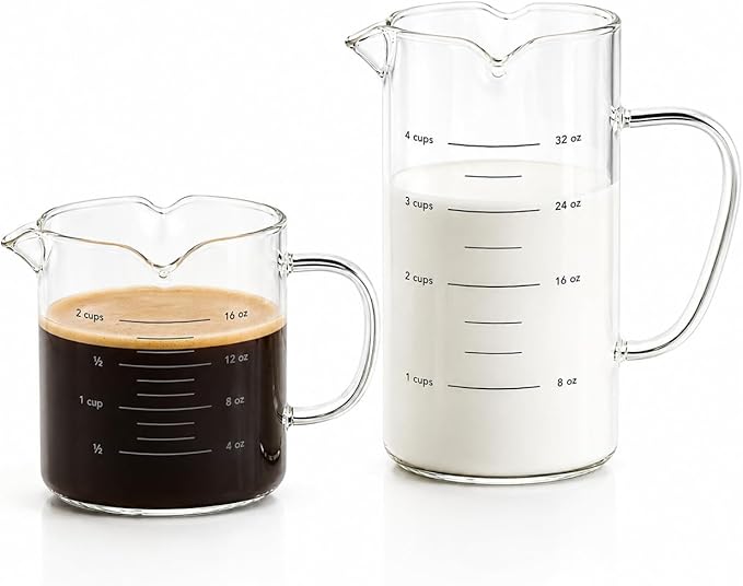 Genicook Glass Measuring Cups Set of 2 (16.9oz & 33.8oz), Borosilicate Glass Measuring Cup with 3 Pour Spouts, Liquid Measuring Cup for Baking Cooking, Microwave & Oven Safe