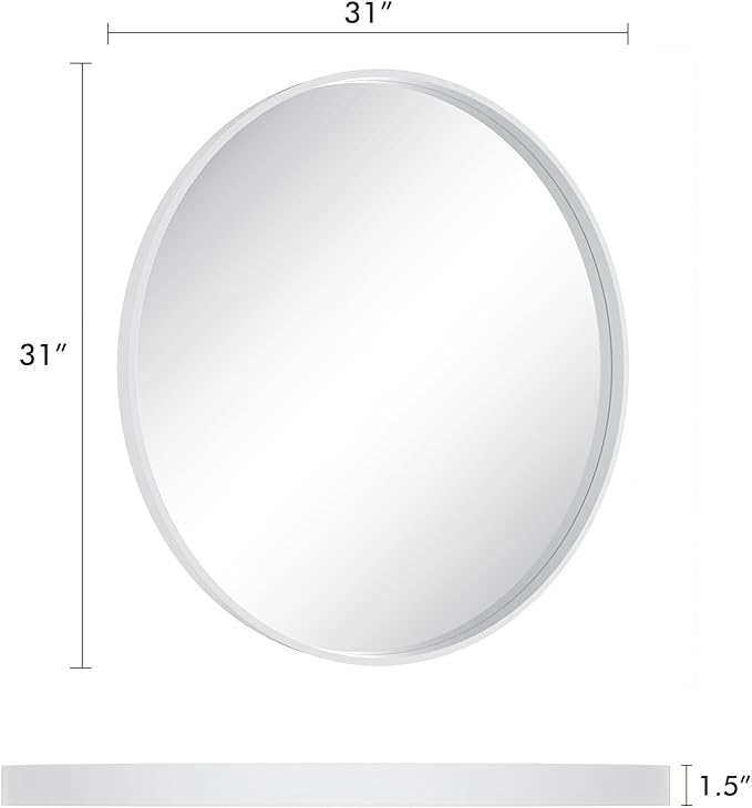 HOMECOOKIN Round Wood Mirror, 31" Round Bathroom Wall Mirror Circle Mirrors for Wall Decor, Vanity, Living Room, Bedroom, Entryway, White