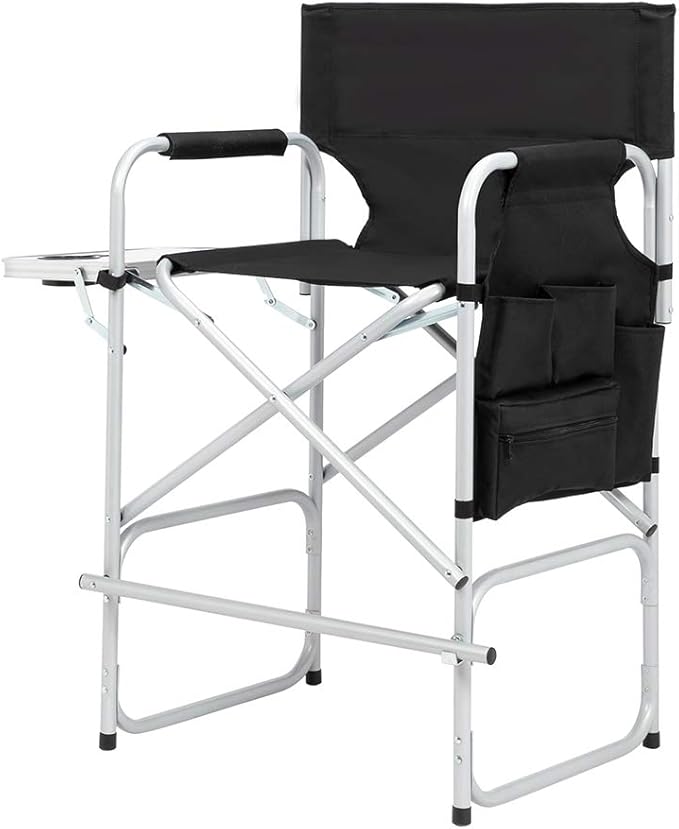 Outvita 26" Tall Directors Chair Height Seat Folding with Side Table Storage Bag, Support for 300Lbs Portable Makeup Artist Chair with Bar Height(Black)