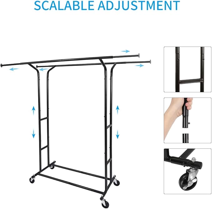 Fishat Black Heavy Duty Double Rod Garment Clothes Rack for Hanging Clothes, Rolling Organizer Commercial Metal with Lockable Wheels Mobile for Coats Dresses