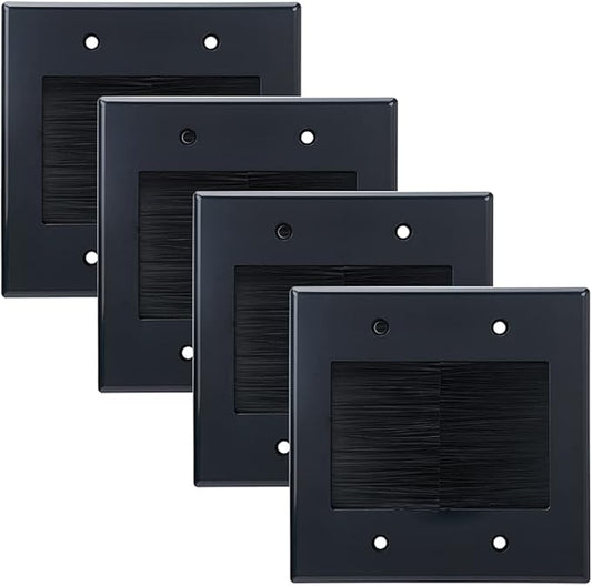 2 Gang Brush Wall Plate (Black, 4 Pack), Double Gang Cable Wall Plate for Power Cords, Low Voltage Cables and Wires in-Wall Hiding