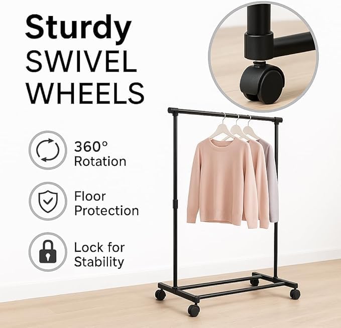 Heavy Duty Garment Rack with Sturdy Wheels | 450 lb Load Capacity | Adjustable Metal Clothing Anti-Slip Rack for Hanging Clothes, Lockable for Stability (Double Rod)