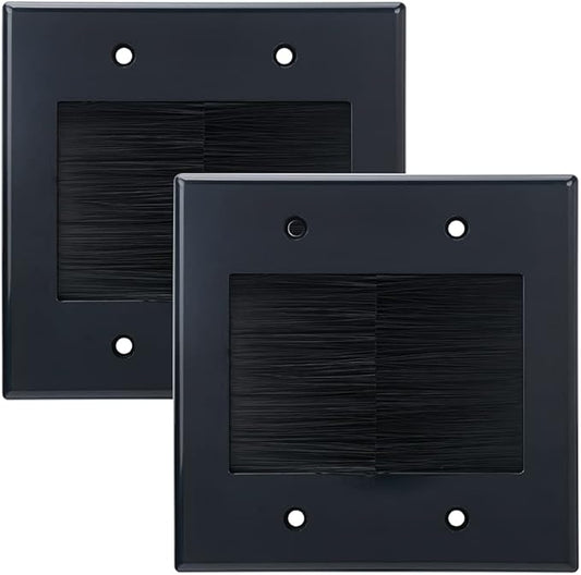 2 Gang Brush Wall Plate (Black, 2 Pack), Double Gang Cable Wall Plate for Power Cords, Low Voltage Cables and Wires in-Wall Hiding