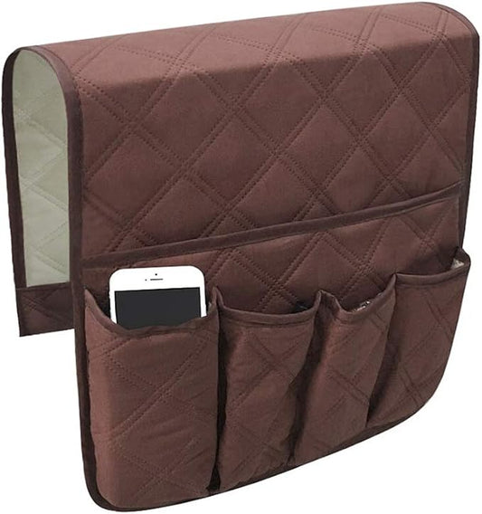 5 Pockets TV Remote Control Holder Couch Sofa Tray Armrest Organiser Oxford Chair Couch Caddy Sofa Armrest Bag Bedside Storage Hanging Organiser for Magazine Books Snack Mobile DVD Cellphone (brown)