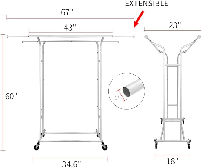 Fishat White Double Rod Garment Clothes Rack for Hanging Clothes, Rolling Organizer on Commercial Metal with Lockable Wheels Mobile Design for Coats Dresses