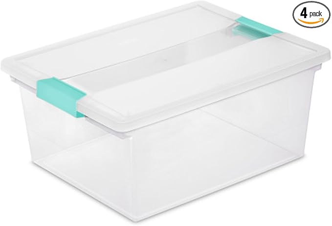 Sterilite 4-Pack Clip Box, Large Stackable Plastic Storage Bins w/ Latching Lids, 18.7 Gal - Heavy-Duty Organizing Containers for Home, Closet, Bathroom, and Office