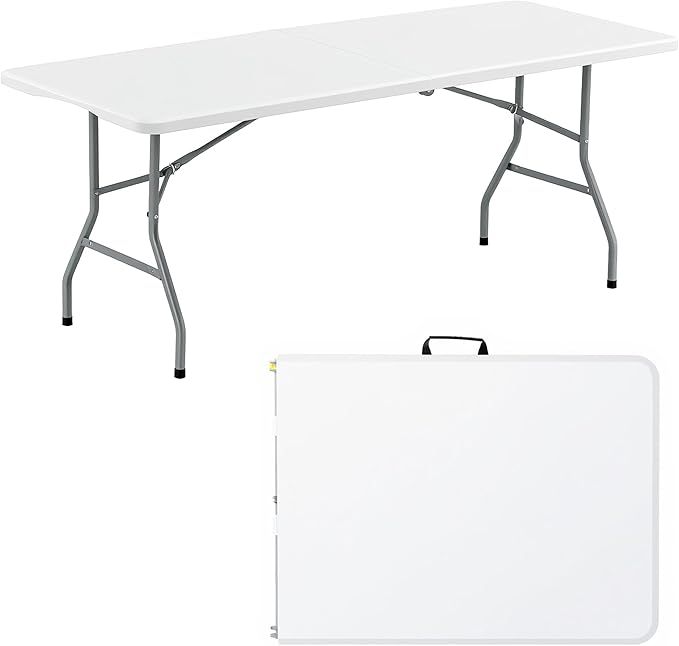 Folding Table 6FT Portable Heavy Duty Plastic Table with Carrying Handle Fold-in-Half Utility Foldable Tables for Parties Wedding Events Dining Indoor Outdoor Picnic (White)