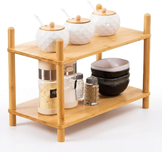 2-Tier Expandable Bamboo Desktop Organizer Shelf Kitchen Cabinet and Counter Riser Display Shelf for Top of Desk Home Office Bathroom Coffee Table Display Stand,Natural